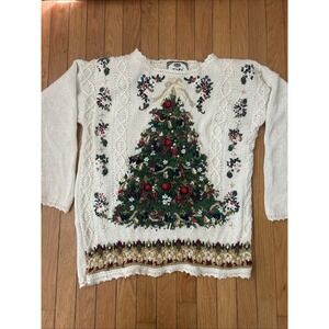 Tiara International Vintage Christmas Tree Embroidered Sweater, Cream, S, Granny
